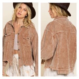 POL Frayed Hem Vintage Inspired Teddy Bear Brown Cropped Corduroy Jacket S